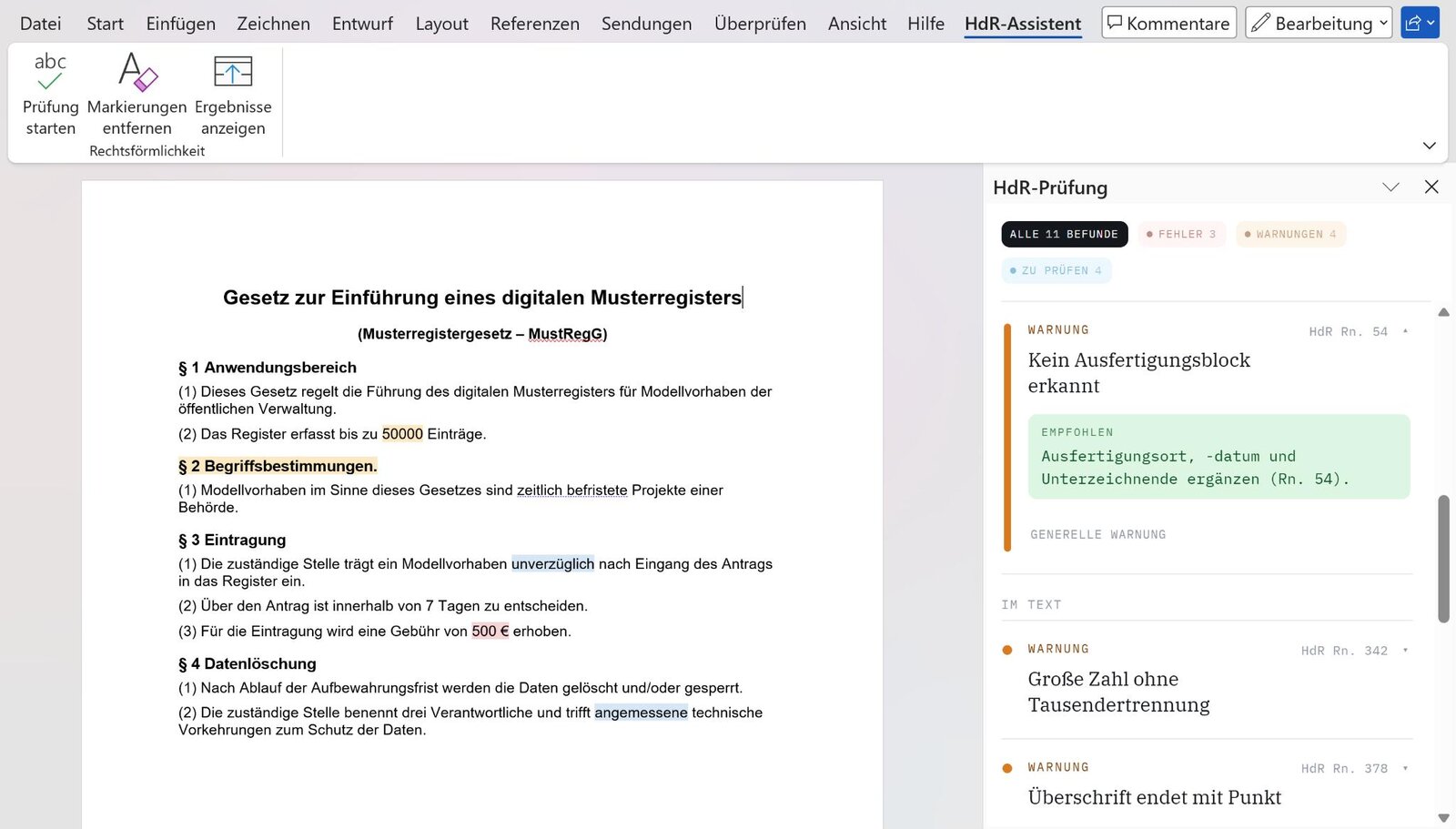 Warnungen im HdR-Assistenten mit Empfehlungen: Kein Ausfertigungsblock erkannt, große Zahl ohne Tausendertrennung, Überschrift endet mit Punkt