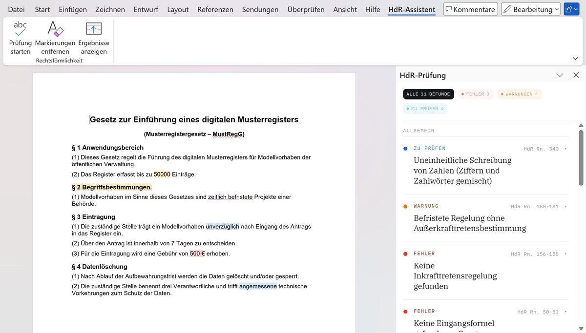 HdR-Assistent als Add-in in Microsoft Word: Seitenleiste mit Prüfergebnissen zu einem Gesetzentwurf